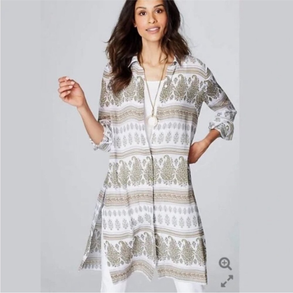 J.Jill Paisley Print Long Length Airy‎ Tunic Button Front Boho Neutral Artsy